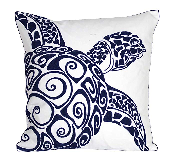 DECOPOW Embroidered Cute Nautical Animal Pillow Covers,Square 18 Inches Decorative Canvas Pillow Cover for Nautical Style Deco by (Navy-Sea Turtle)
