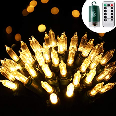 RECESKY 100 LED Christmas String Lights with Remote and Timer - 33ft Clear Mini Battery String Light - Fairy Lighting Decor for Outdoor, Indoor, Yard, House, Garland, Christmas Decorations, Warm White