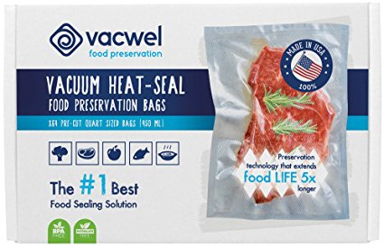 Vacwel Food Vacuum Sealer Bags Quart, 8x12inch, USA Made, 64x Vacuum Sealing Bags that Stop Freezer Burn, Bags Fit All Sealers