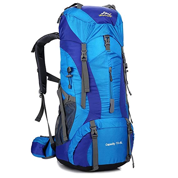 Hiking Backpack Nylon Waterproof Large Capacity Daypack Travel Fishing Trip Cycling Skiing Climbing (Blue-75L)