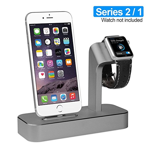 Apple Watch Stand, iPhone 7/7Plus/6s/6s Plus Charging Station, Alrite Aluminum 2 in 1 Apple watch iPhone Charging stand Dock for Apple iWatch Series 2/Series 1/Nike , Space Grey