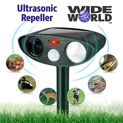 Ultrasonic Pest Repeller by Wide World - Solar Powered Waterproof Outdoor Wild Animal Repeller - Motion Sensor and Powerful Sound for Deer Cat Dog Squirrel Mole Rat Fox Wolf Raccoon - Sound Control.