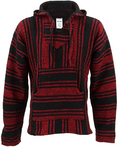 Siesta Mexican Baja Jerga red and Black Hooded Hippie top