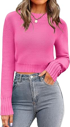 Zeagoo Women's 2024 Fall Crewneck Cropped Sweater Trendy Long Sleeve Ribbed Knit Pullover Jumper Tops