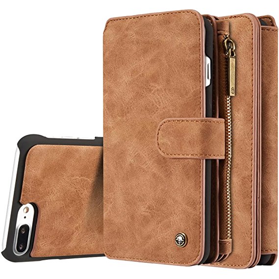 Harrms Leather wallets phone case iPhone 6/iPhone 6S/iPhone 6 Plus/iPhone 6S Plus/iPhone 7/iPhone 7 Plus,12 Card Slot Series [Zipper Cash Storage] Premium Flip Wallet Case Cover With Detachable Magnetic Hard Case