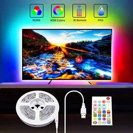 TV LED Backlight 6.1ft-13ft Waterproof 5050 RGBW LED Strip Lights with Remote for 32-70" TV 5V USB LED Tape Light 4096 Colors Changing LED Lights for Monitor Theater Office Bedroom Desk Ambient Light