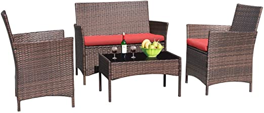 Greesum 4 Pieces Patio Outdoor Rattan Furniture Sets, Wicker Chair Conversation Sets, Garden Backyard Balcony Porch Poolside Furniture Sets with Soft Cushion and Glass Table, Brown and Red