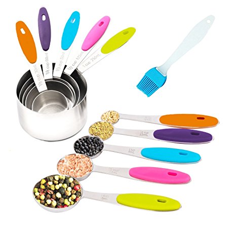 Sweet Home&Kitchen Measuring Cups and Spoons Set ,10 Piece - Stainless Steel Anti-Slip W/ Soft - Flexible and Heat-Resistant Handles Comfortable Easy to Clean Cup Size (1 - 8.45) Oz - Free Bonus