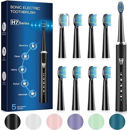 Sonic Electric Toothbrushes for Adults - Rechargeable Electric Toothbrush with 8 Duponts Heads, Battery Toothbrushes Electric Tooth Brush, 3 Hours Fast Charge for 120 Days (Dark Black)