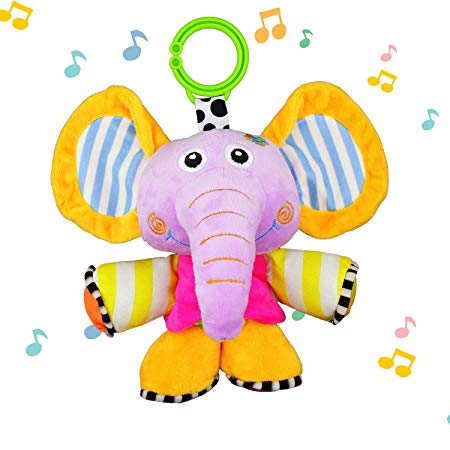 JAMSWALL Elephant Animal Musical Plush Infant Toys, Pull String Musical Sensory Toy, Baby Stroller Hanging Toy, Fun Musical Rattle Toy, Plush Animal Pull Bell Sensory Toy, for Infant Toddler Boys Gift