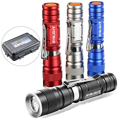 Pack of 4 Small LED Torches, BYBLIGHT Super Bright 150 Lumens 3-Mode Zoomable LED Pocket Flashlight Torch (Colored Torch with Clip)