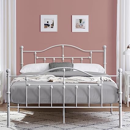 VECELO Queen Bed Frame Mental Platform Mattress Foundation with headboard Footboard Steel Slat Support/No Box Spring Needed/Easy Assembly/Victorian Style/White