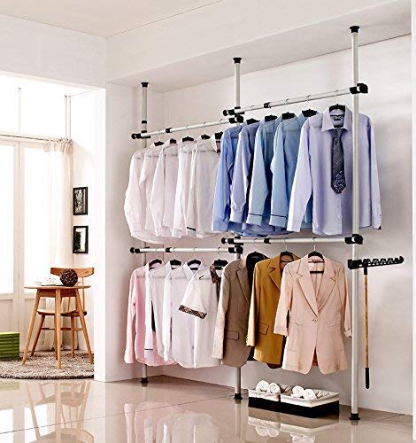 Portable Garment Rack, Adjustable Heavy Duty DIY Clothes Wardrobe Clothing Rack Metal Clothes Closet Storage Origanizer for Clothes Jacket Shirt Long Dress, 3 Poles 4 Bars