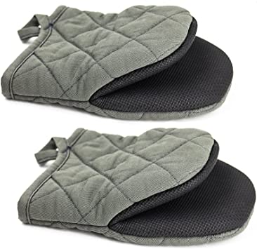 TOPSKY Mini Oven Mitts Microwave Mitts Pot Holder Heat Resistant Neoprene Cotton Gloves Surfaces Non-Slip Short Oven Gloves, Gray 1 Pair