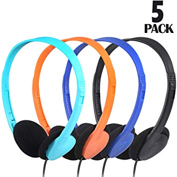 Kids Headphones for Classroom in Bulk Multi Colored 5 Pack, CN-Outlet Wholesale Over Ear Student Head Phones Perfect for Schools, Libraries, Computer Lab, Testing Centers, Museums, Hotels (5Pack)