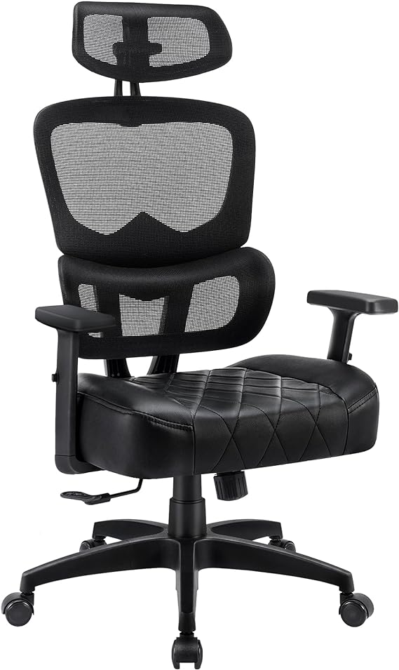 High Back Swivel Ergonomic Home Office Chair with Adjustable Arms/Headrest/Height, Solid Lumbar Support, Large Leather Seat, 3D Headrest, Recline up to 135°for Computer Task/Executive Desk Work, Black