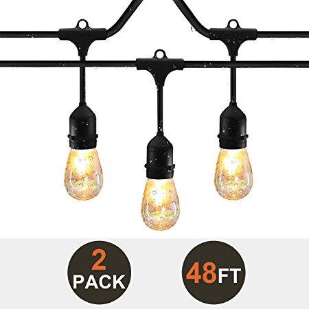 SUNTHIN (2-Pack) 48ft LED String of Lights with 15 x E26 Sockets and Hanging Loops, 18 x 0.9 Watt S14 Bulbs (3 Spares) -Indoor/Outdoor string lights, Commercial String Lights, Light Strings