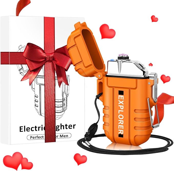 Gifts for Him Her Men Boyfriend Husband, Coquimbo Electric Plasma Lighter Windproof & Waterproof Rechargeable Lighter, Flameless Dual Arc USB Lighter Gadgets for Camping (Orange)