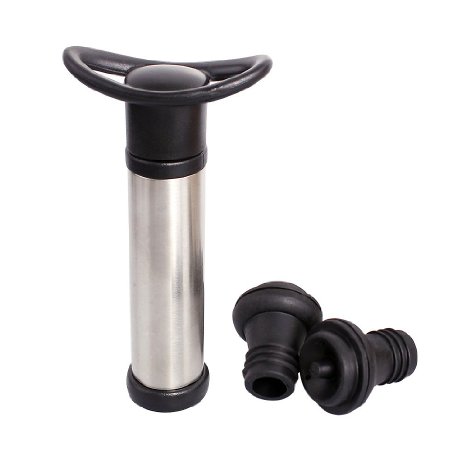 Mayan Wine Saver/Preserver/Sealer - Stainless Steel Wine Vacuum Pump with 2 Stoppers, Black