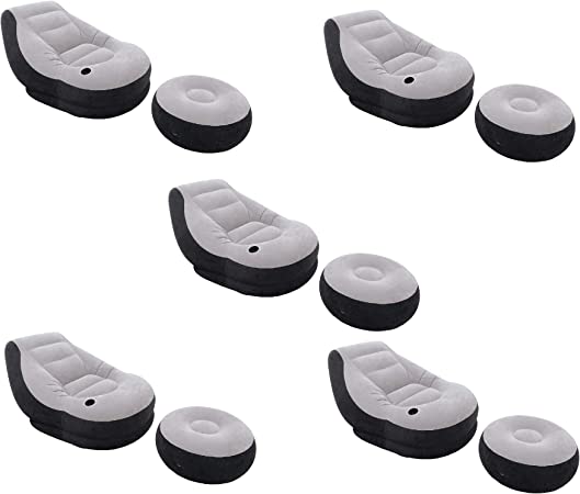 Intex Inflatable Ultra Lounge Chair With Cup Holder & Ottoman Set, Vinyl, Gray (5 Pack)