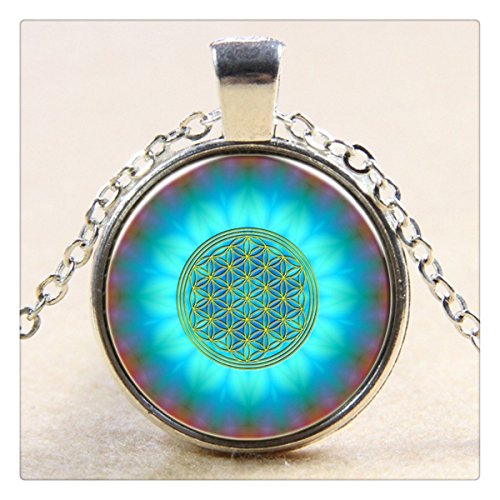 Blue Flower Of Life Logo Pendant Chakra Necklace Sacred Geometry Jewelry Art Glass Cabochon Necklace