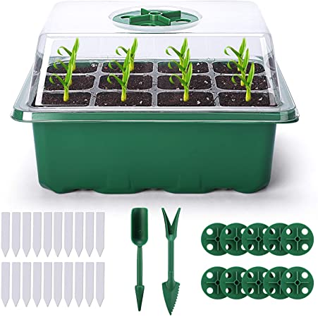 Delxo 10-Pack Seed Trays Seedling Starter Tray (12 Cells per Tray) Humidity Adjustable Plant Germination Kit Garden Seed Starting Tray with Dome and Green Base Plus Plant Tags Hand Tool Kit