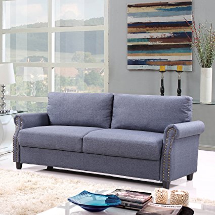 Classic Living Room Linen Sofa with Nailhead Trim Furniture Set with Storage (Blue)