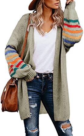 Dokotoo Women's Long Open Front Cardigans Striped Color Block Loose Knit Sweaters Outwear Coat