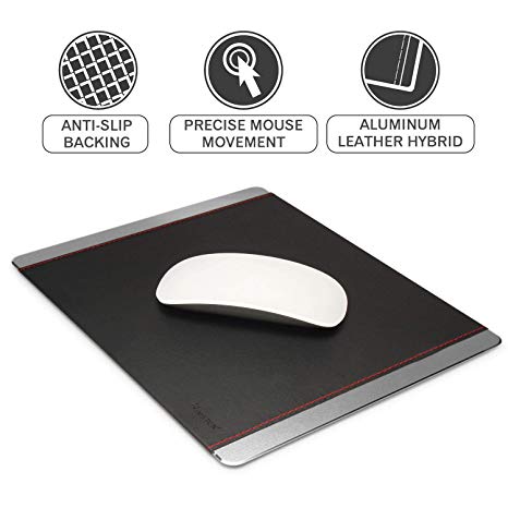 Aluminum Mouse Pad, Insten Aluminum Leather Mouse Pad with Premium Super Smooth Surface for Laptop Computer Desk Office PC - Ultra Thin, Durable Non Slip Base, Stitched Edges, Silver/Black
