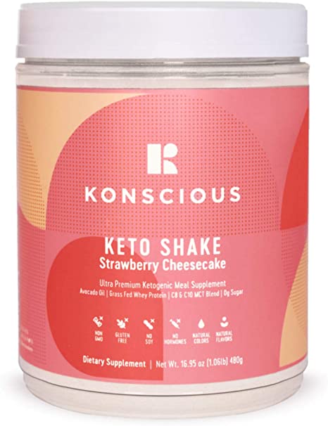 Konscious Keto Shake: MCT Oil, Avocado Oil, Grass Fed Protein, Low Carb High-Fat Keto Meal Replacement (Strawberry Cheesecake) (1-Pack)