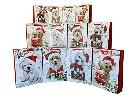 Santa Puppy Christmas Gift Bags - Set of 12, Cute Dogs, Four Designs, Three Sizes, Double Sided