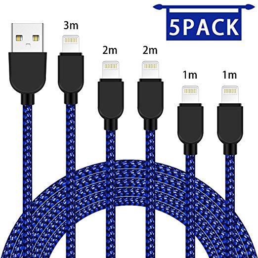 SOCOUL iPhone Charger Cable 5-Pack[3/3/6/6/10FT] Extra Long Nylon Braid Cord Lightning Cable for iPhone X/8/8 Plus/7/7 Plus/6/6 Plus/6S/6S Plus,iPad,iPod (Black and Blue)