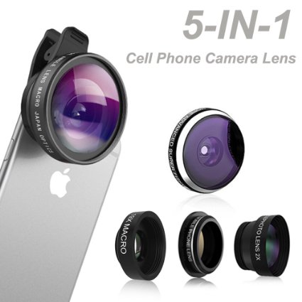 Phone Camera Lens, Comsun 5 in 1 Universal Clip-on Cell Phone Camera Lens Kit, 235 Degree Fisheye, 0.4X Wide Angle, 19X Macro, 2X barlow, CPL for Apple iphone ipad Samsung Galaxy Tablet Smartphone