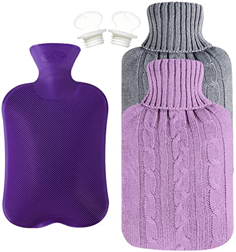 Attmu Classic Rubber Hot Water Bottle 2 Liter with 2 Pack Knit Covers and 1 Bottle Stopper, Purple