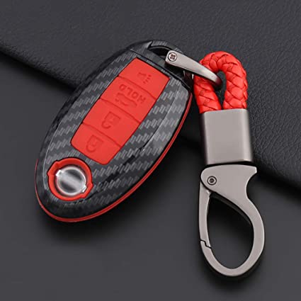 ontto Key Cover with Keychain Carbon Fiber Key Shell Compatible with Nissan red