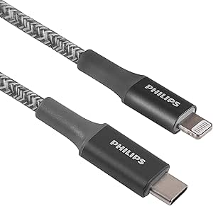 PHILIPS USB-C to Lightning Cable, 6in, Braided Cord, Short, Fast Charge, Compatible with iPhone 12/11 Pro/X/8/8 Plus, iPad, Airpods, Gray, 2 Pack, DLC5221GL/37