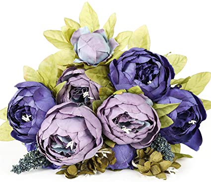 Luyue Vintage Artificial Peony Silk Flowers Bouquet Home Wedding Decoration (Bicolor Dusty Blue)