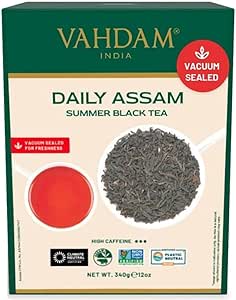 VAHDAM, Foglie di tè nero Assam 340g (170+ tazze), FORTE, MALTA E RICCO, tè sfuso, 100% puro non miscelato, foglia nera singola sfusa, tè caldo, tè freddo, tè Kombucha, foglia lunga foglia FTGFOP1