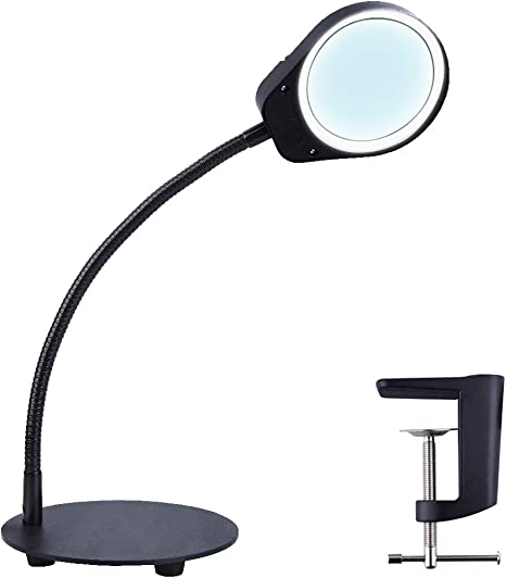 Psiven Dimmable Magnifying Glass with Light - Daylight Bright LED Magnifying Desk Lamp, Lighted Magnifier with Stand & Clamp - for Reading, Close Work, Task, Workbench, Crafts, Hobbies, Sewing - Black