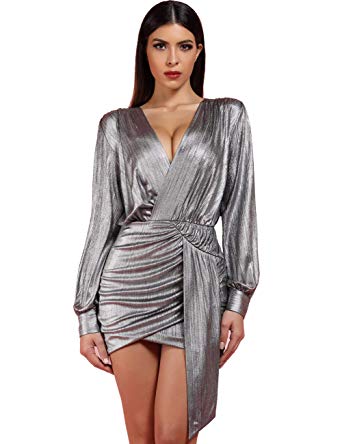 Whoinshop Women's Metallic Sexy Draped Front Long Sleeve Bodycon Party Mini Dress Clubwear