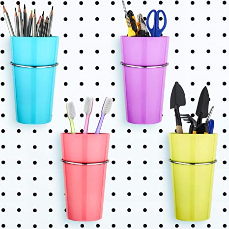 4 Sets Pegboard Bins with Rings, Pegboard Accessories Cups Holder Pegboard Organizer Baskets Metal Pegboard Hooks Kit for Art and Craft Supplies Storage