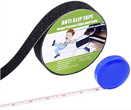 Anti Slip Tape , High Traction,Strong Grip Abrasive , Not Easy Leaving Adhesive Residue , Indoor & Outdoor, with Measuring Tape (1" Width x 190" Long, Black)