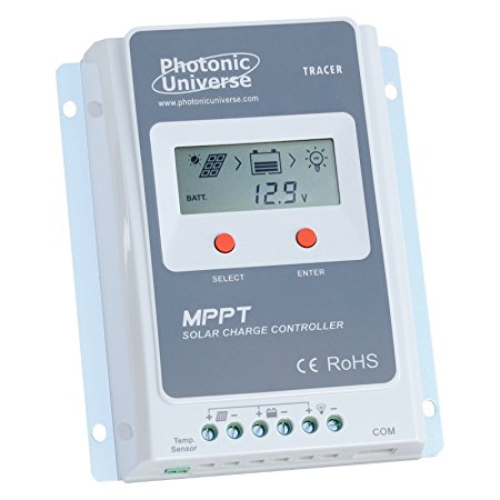 Photonic Universe 10A MPPT solar charge controller / regulator with built in LCD display for solar panels up to 130W (12V battery system) / 260W (24V battery system) up to 100V