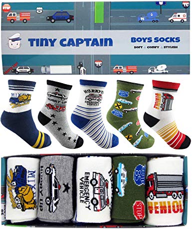 Tiny Captain Boy Socks Dinosaur Kids Sock Set 4-7 & 7-10 Year Old Cotton Crew Gift Dino and Cars Socks