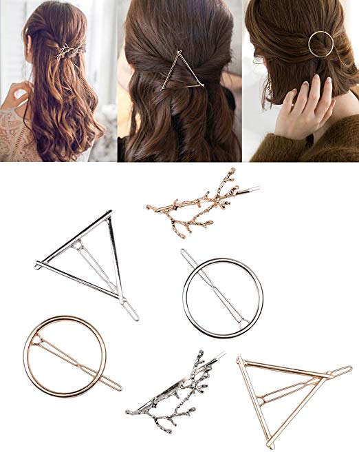 Fani 6pcs Minimalist Dainty Hollow Geometric Gold Silver Metal Hair Clip Hairpin Clamps,Tree Branches,Circle, Triangle Shapes Hair Accessories