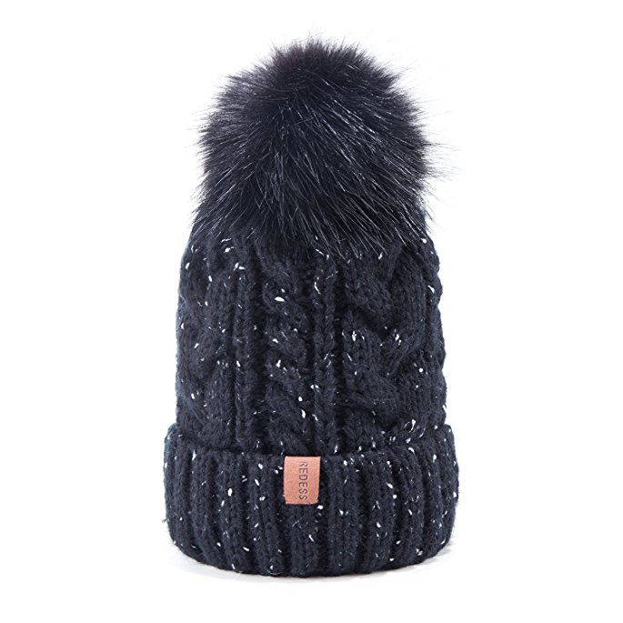 Women Winter Pom Pom Beanie Hat with Warm Fleece Lined, Thick Slouchy Snow Knie Skull Ski Cap by REDESS