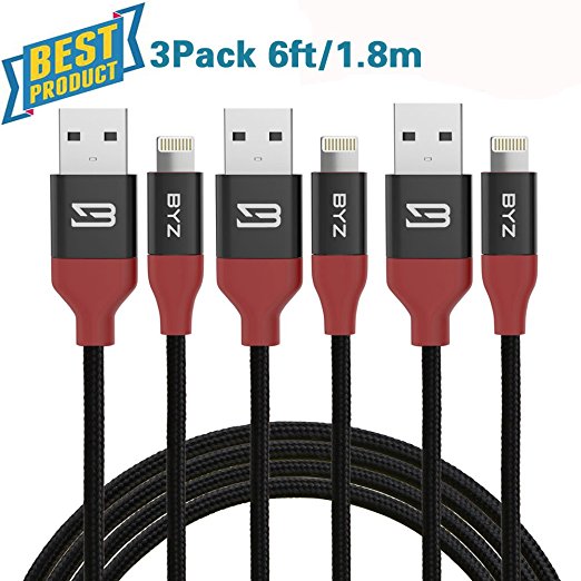 BYZ iPhone Charger Charging Cable Lightening Cable - 6ft /1.8m iPhone Cable USB Sync & Charging Cord for iPhone 7 Plus 7 6S Plus 6 Plus SE 5S 5C 5, iPad 2 3 4 Mini, iPad Pro Air, iPod - [3 pack]