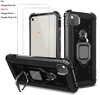 Avesfer for Google Pixel 4A Case with Tempered Glass Screen Protector Shock Absorbing Defender Protective Cover Ring Holder Kickstand Anti Impact Scratch Resistant Carbon Fiber (Black)