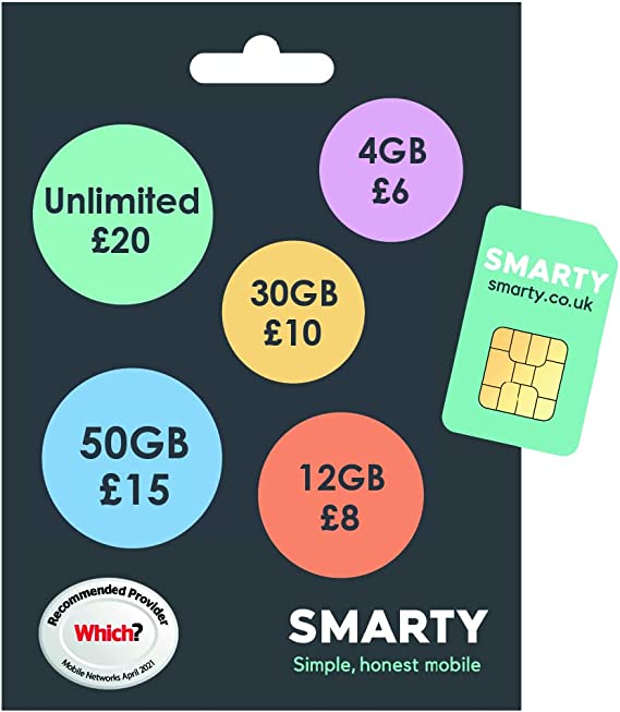 SMARTY SIM from only £6 for 4GB to £15 for 50GB, Unlimited Calls and Texts Included, Affordable, NO Credit Checks, NO Contract, Pay when you Activate SIM