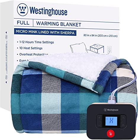 Electric Blanket Heated Blanket, Plaid Sherpa Heating Blanket, 10 Heating Levels & 1 to 12 Hours Heating Time Settings, Green Plaid, 80"x84" Full Size